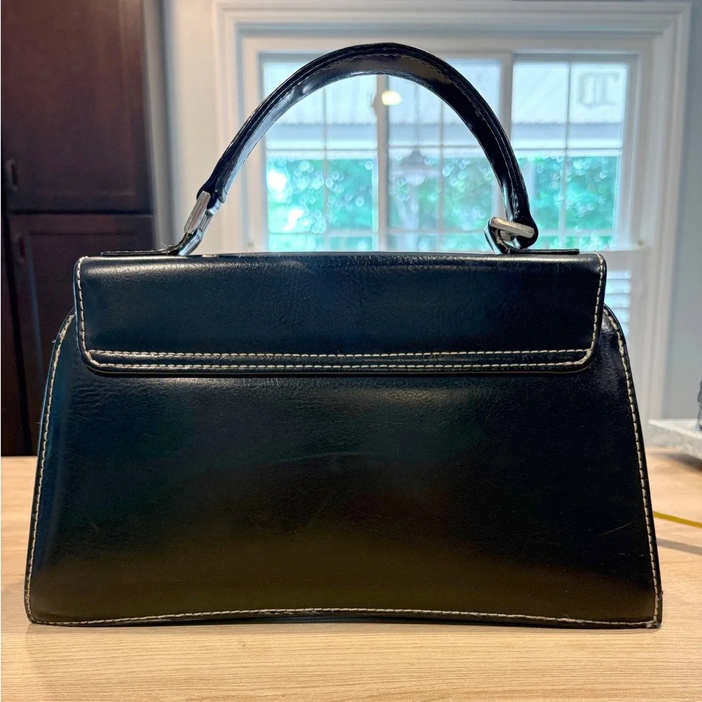 Kate Spade New York Black Leather Top Handle Bag Contrast Stitch Vintage Satchel